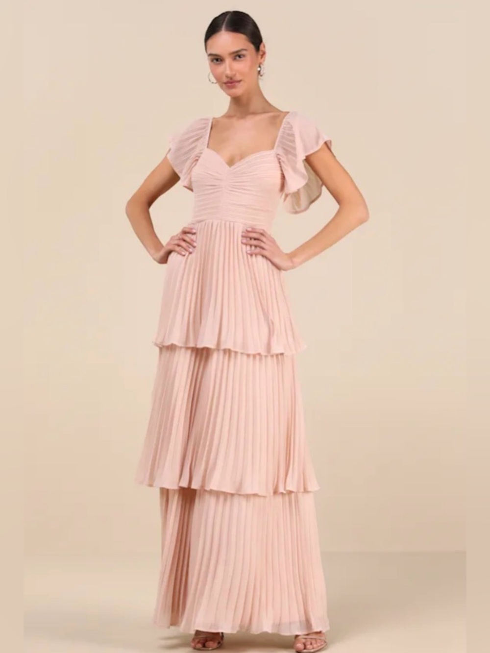 Lulus Notorious Charm Blush Pleated Maxi Dress Flutter Sleeve Open Back Formal
